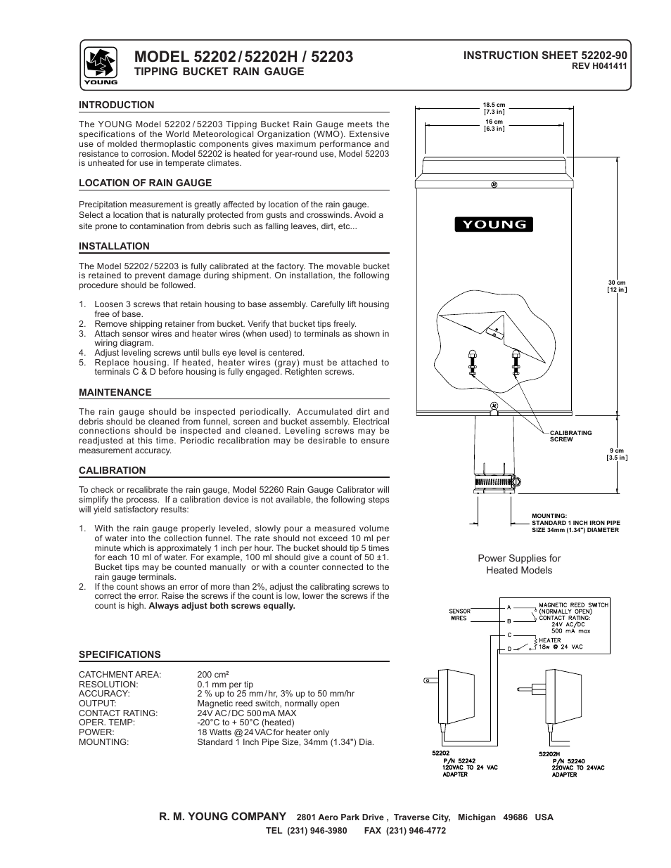 Young Tipping Bucket Rain Gauge Model 52203 User Manual | 2 pages