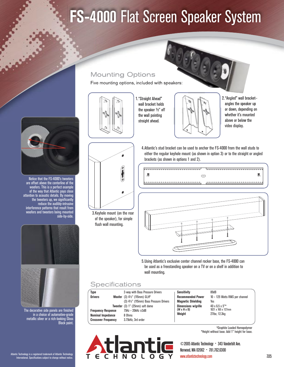 Fs-4000 flat screen speaker system, Mounting options, Speciﬁ cations | Atlantic Technology Atlantic FS-4000 User Manual | Page 2 / 2