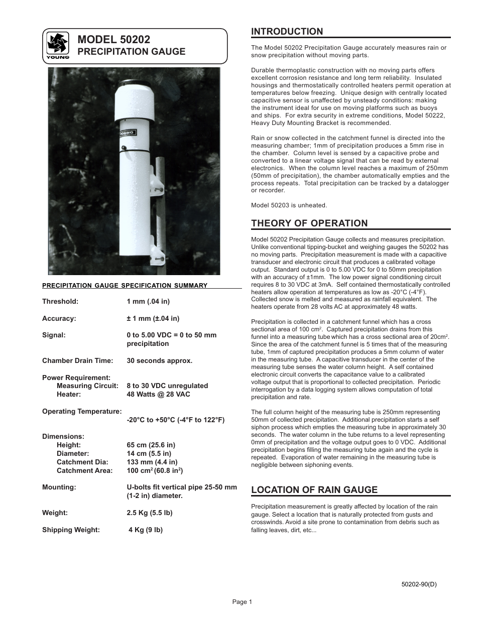 Precipitation gauge introduction, Theory of operation, Location of rain gauge | Young Precipitation Gauge No Moving Parts Model 50202 User Manual | Page 2 / 8