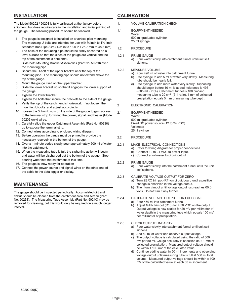 Installation, Maintenance, Calibration | Young Precipitation Gauge No Moving Parts Model 50202 User Manual | Page 3 / 8