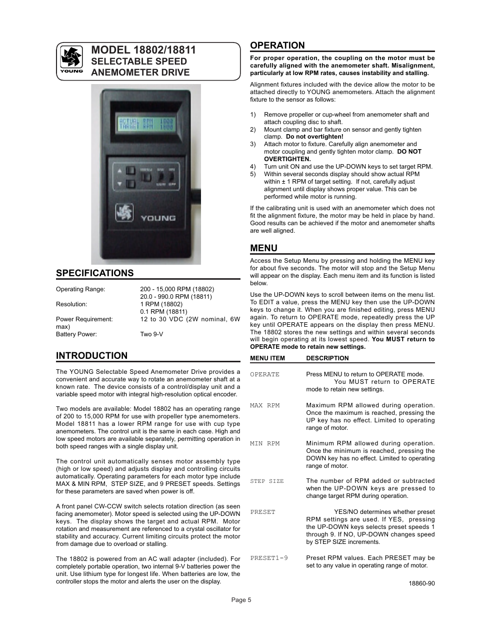 Selectable speed anemometer drive specifications, Introduction, Operation | Menu | Young Wind Sensor Calibration Accessories User Manual | Page 6 / 16