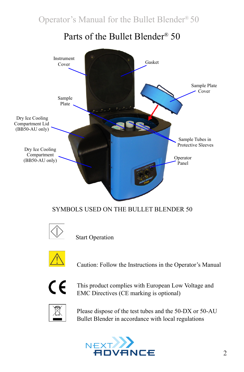 Parts of the bullet blender, Operator’s manual for the bullet blender | Next Advance 50-AU User Manual | Page 2 / 8