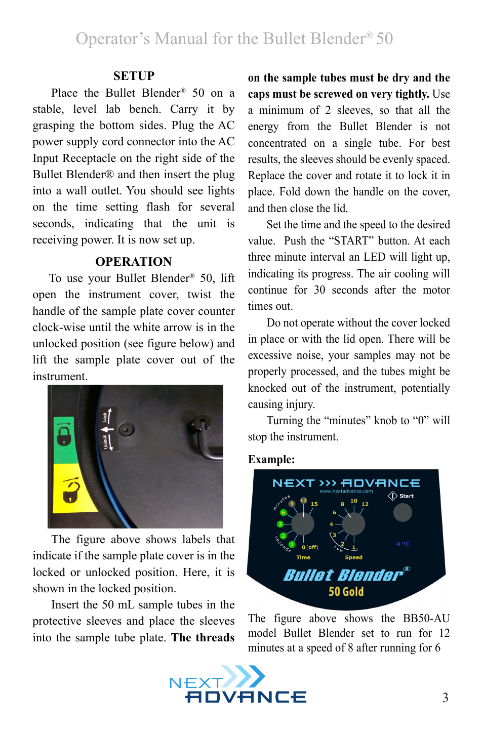 Operator’s manual for the bullet blender | Next Advance 50-AU User Manual | Page 3 / 8