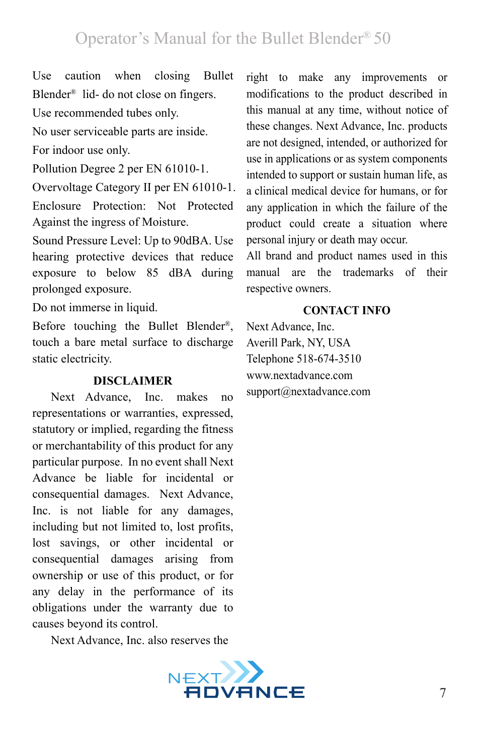 Operator’s manual for the bullet blender | Next Advance 50-AU User Manual | Page 7 / 8