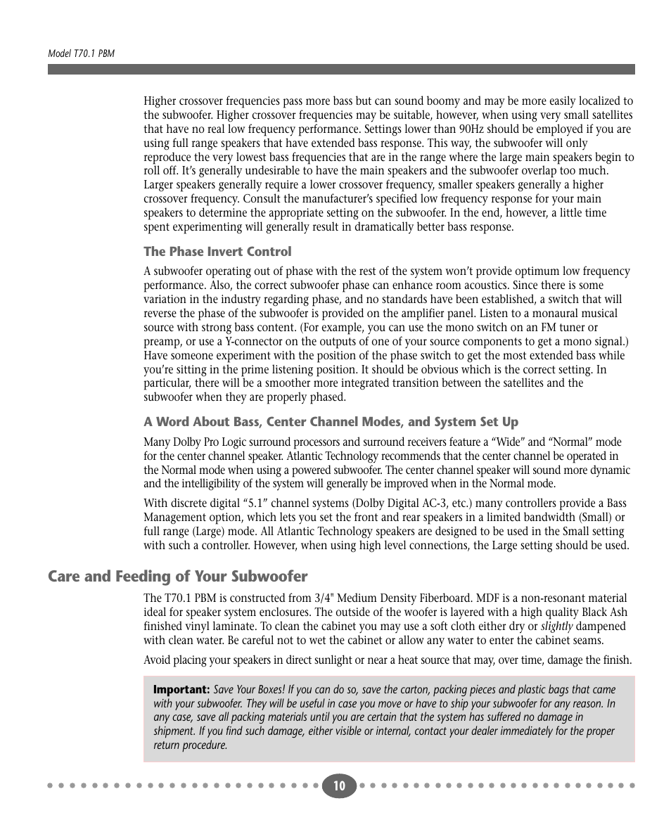 Care and feeding of your subwoofer | Atlantic Technology T70.1PBM User Manual | Page 10 / 12