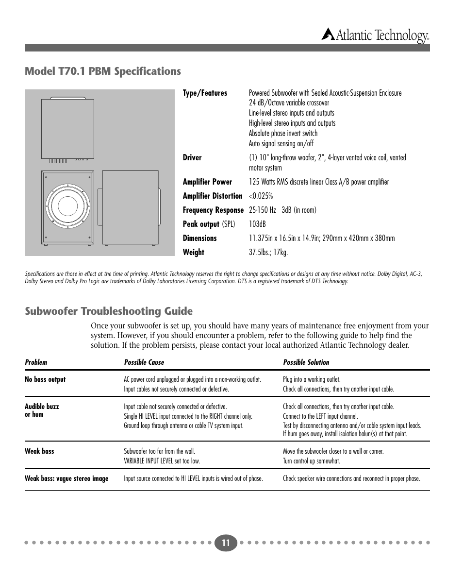 Atlantic technology, Subwoofer troubleshooting guide, Model t70.1 pbm specifications | Atlantic Technology T70.1PBM User Manual | Page 11 / 12