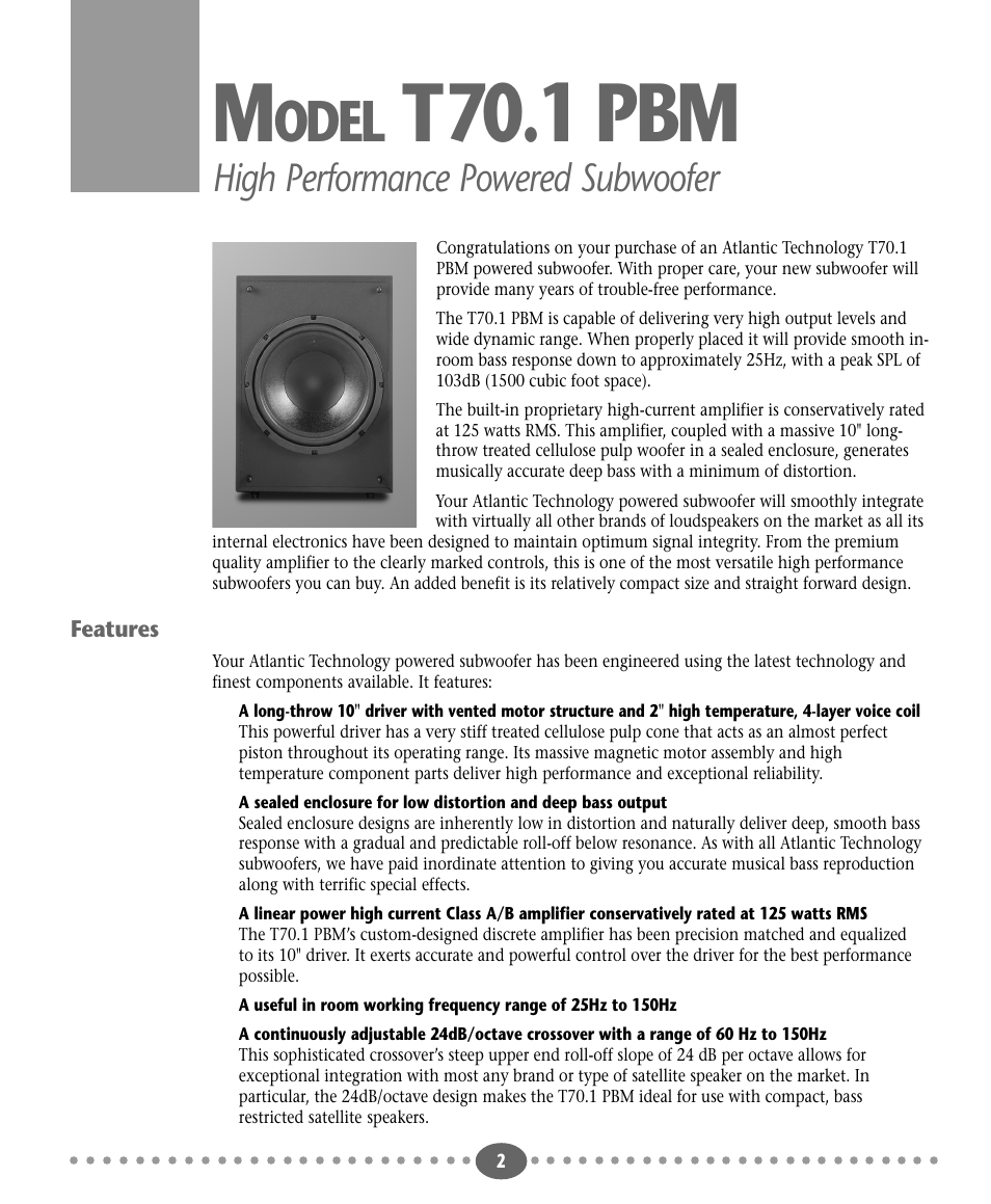 T70.1 pbm, Odel, High performance powered subwoofer | Atlantic Technology T70.1PBM User Manual | Page 2 / 12