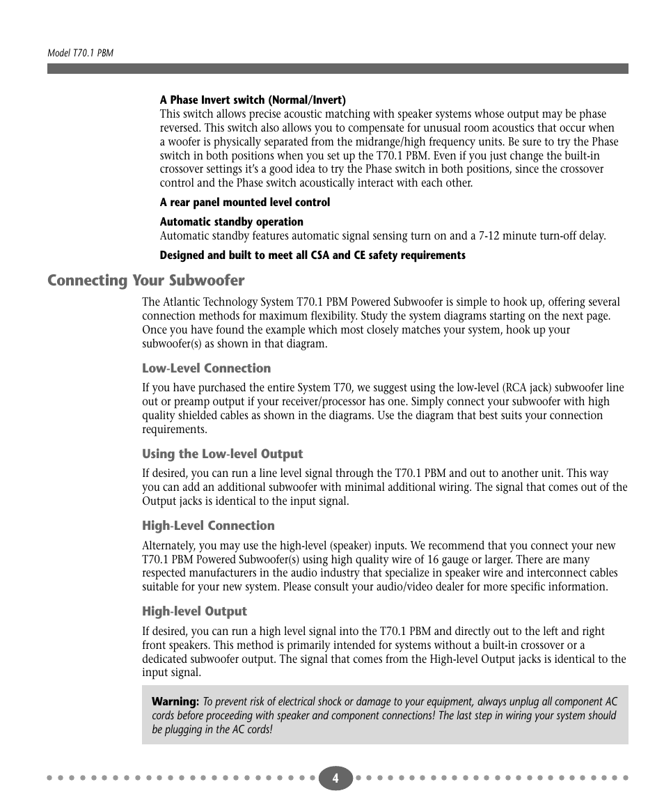 Connecting your subwoofer | Atlantic Technology T70.1PBM User Manual | Page 4 / 12