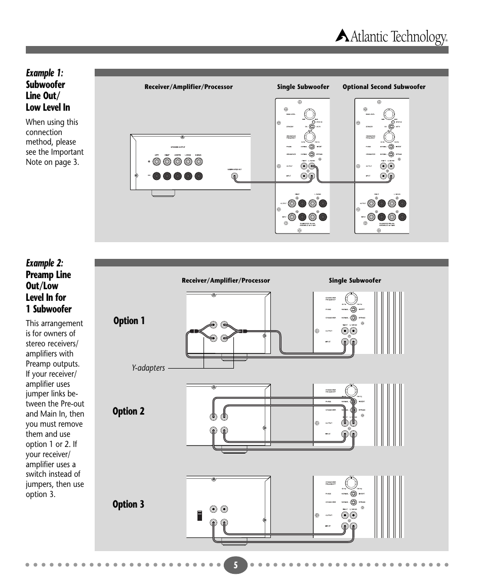 Atlantic technology, Example 1: subwoofer line out/ low level in, Option 1 option 3 option 2 | Y-adapters | Atlantic Technology T70.1PBM User Manual | Page 5 / 12