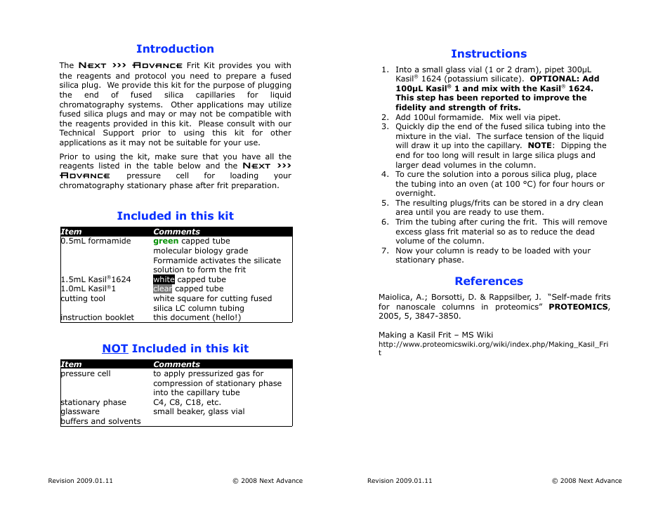 Introduction, Next >>> advance, Included in this kit | Not included in this kit, Instructions, References | Next Advance Frit Kit User Manual | Page 2 / 2