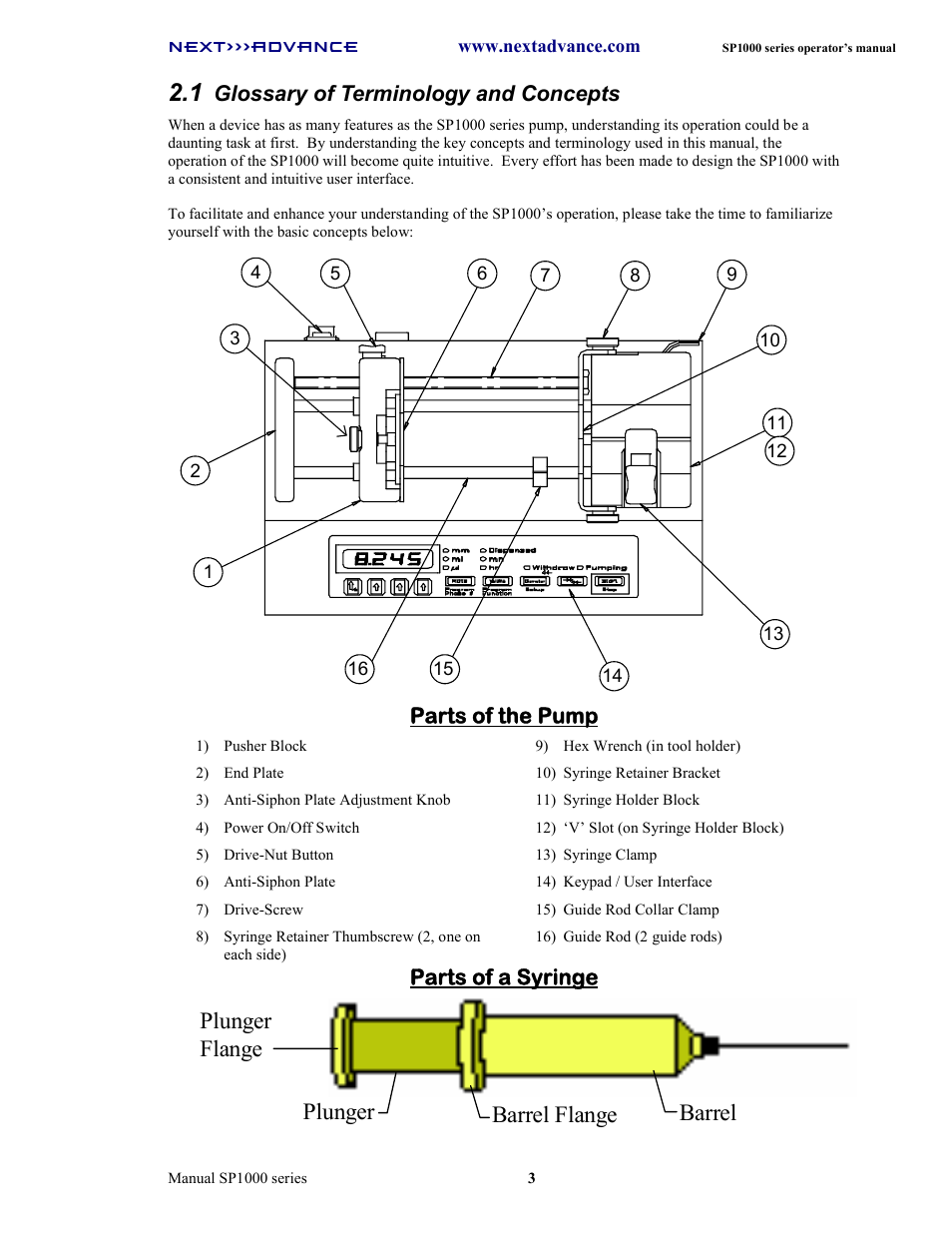 Plunger flange plunger barrel barrel flange, Glossary of terminology and concepts, Parts of the pump | Parts of a syringe | Next Advance SP1070-M User Manual | Page 10 / 60