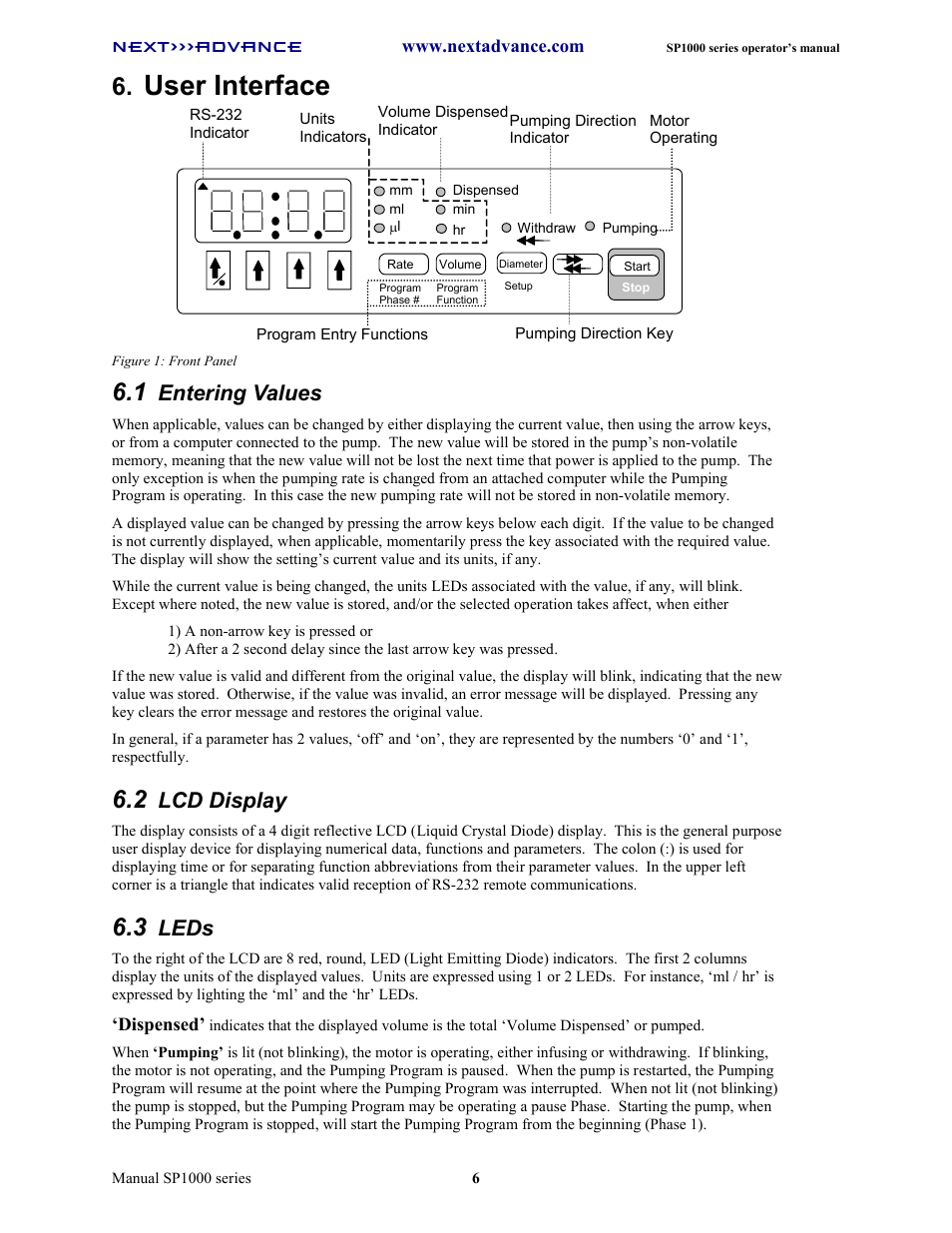 User interface, Entering values, Lcd display | Leds | Next Advance SP1070-M User Manual | Page 13 / 60