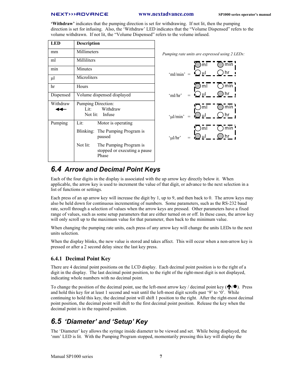 Arrow and decimal point keys, Diameter’ and ‘setup’ key | Next Advance SP1070-M User Manual | Page 14 / 60