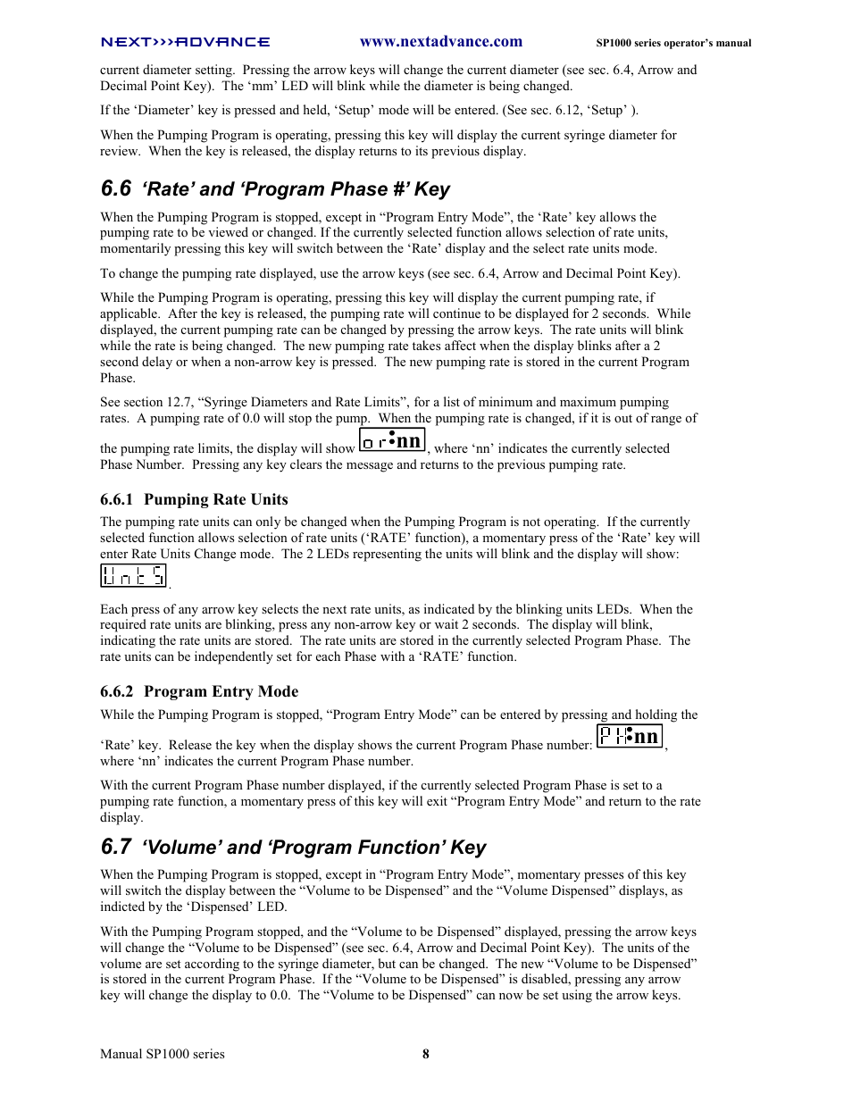 Rate’ and ‘program phase #’ key, Volume’ and ‘program function’ key | Next Advance SP1070-M User Manual | Page 15 / 60