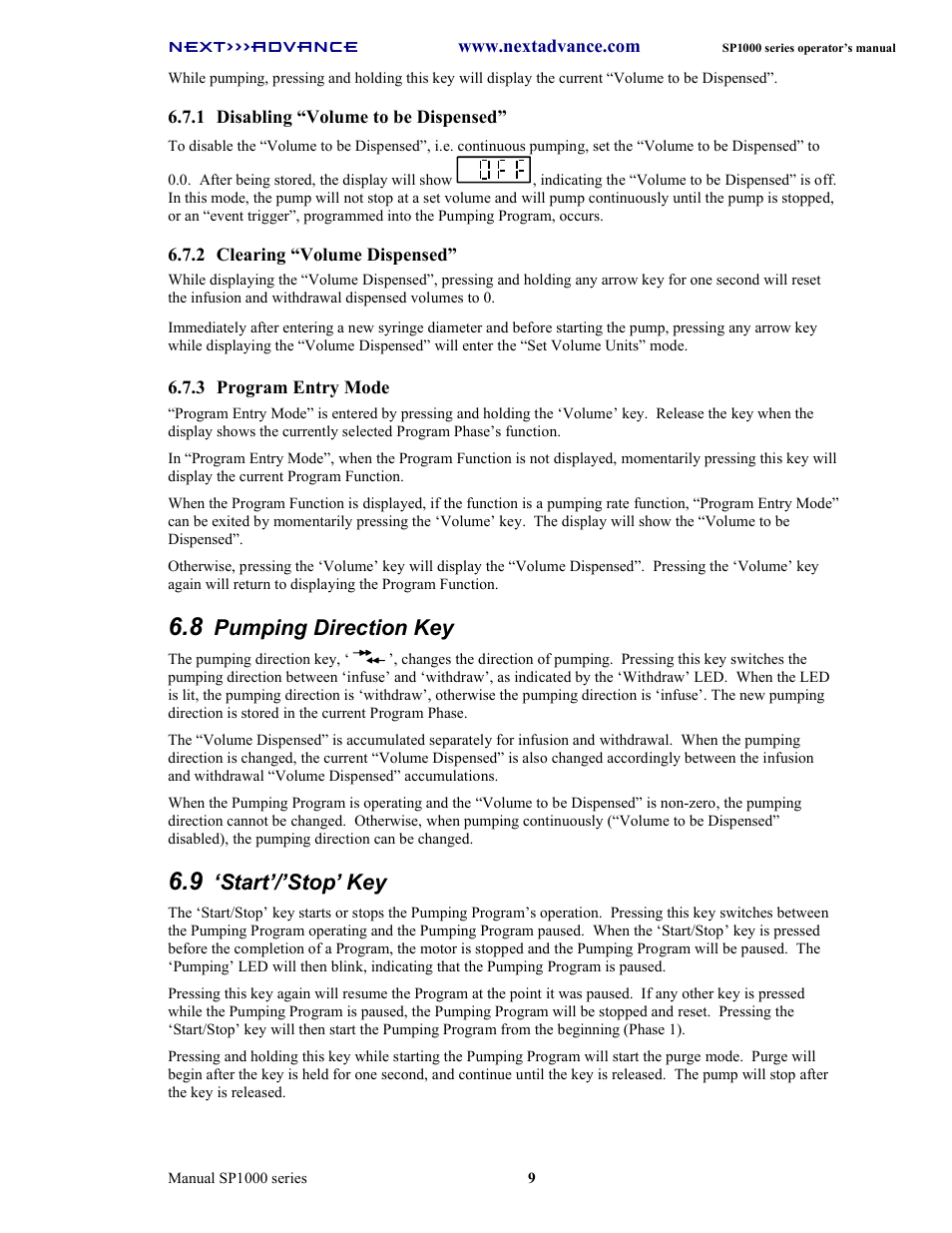 Pumping direction key, Start’/’stop’ key | Next Advance SP1070-M User Manual | Page 16 / 60