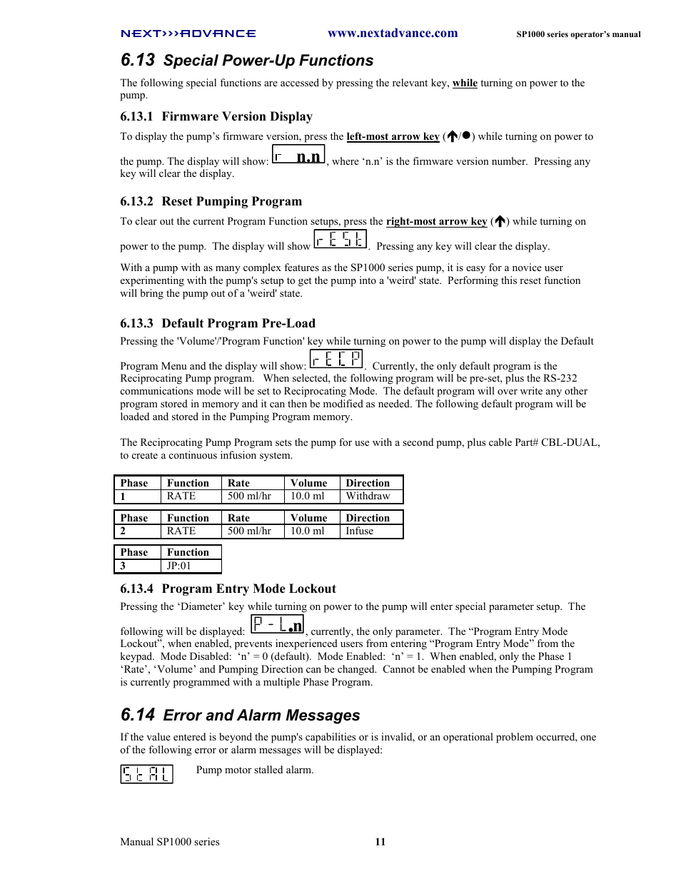 Special power-up functions, Error and alarm messages | Next Advance SP1070-M User Manual | Page 18 / 60