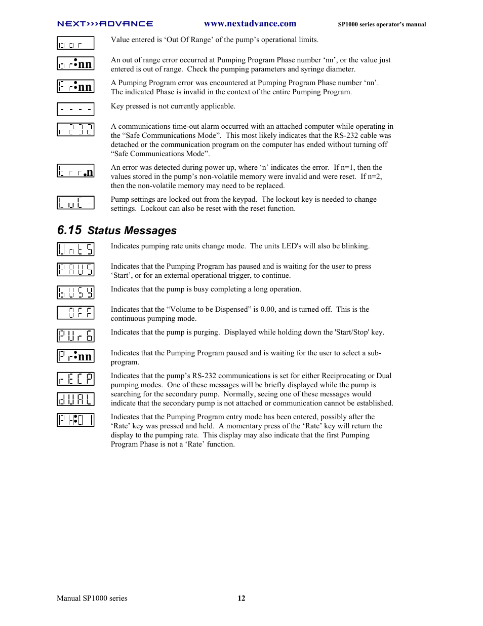 Status messages | Next Advance SP1070-M User Manual | Page 19 / 60