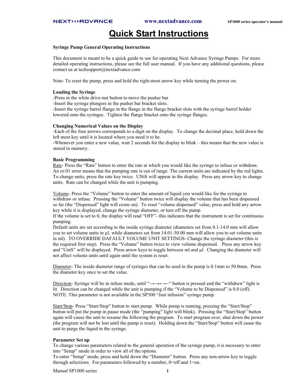 Quick start instructions | Next Advance SP1070-M User Manual | Page 2 / 60