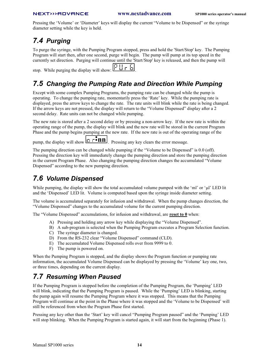 Purging, Volume dispensed, Resuming when paused | Next Advance SP1070-M User Manual | Page 21 / 60