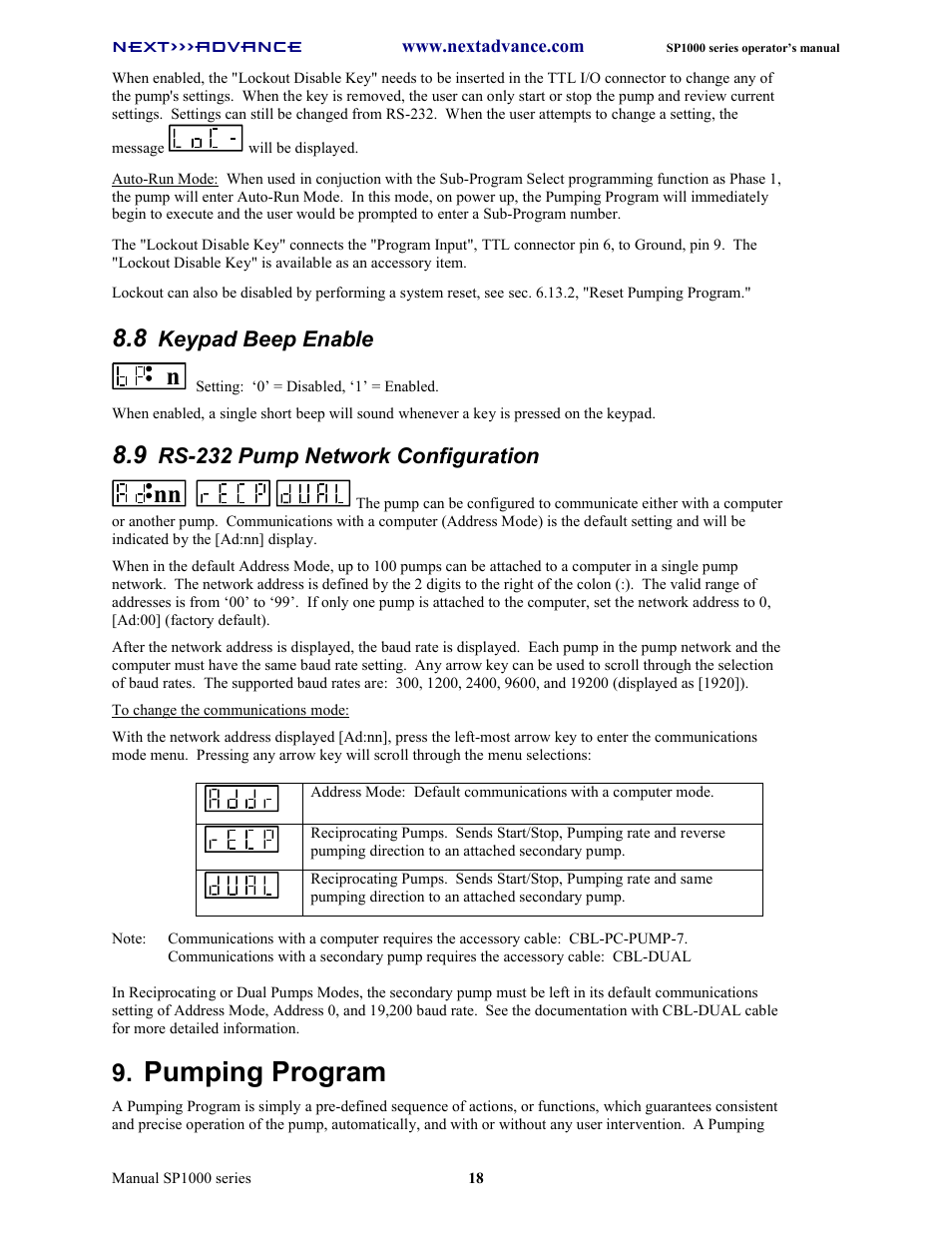 Pumping program, Keypad beep enable, Rs-232 pump network configuration | Next Advance SP1070-M User Manual | Page 25 / 60