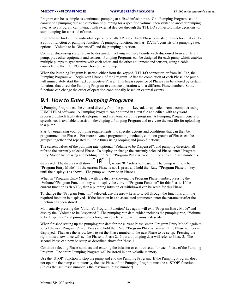 How to enter pumping programs | Next Advance SP1070-M User Manual | Page 26 / 60