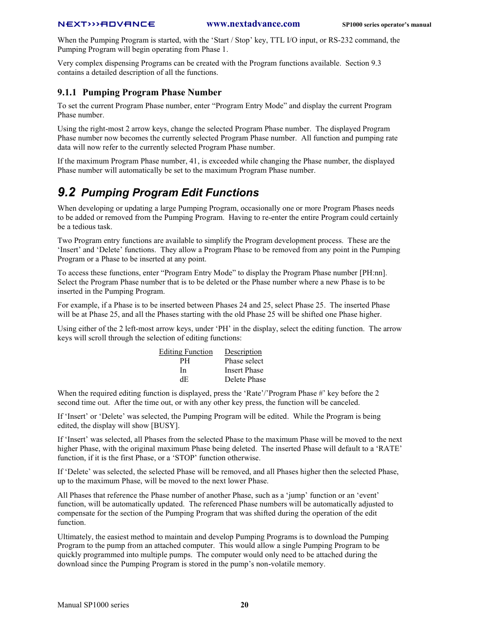Pumping program edit functions | Next Advance SP1070-M User Manual | Page 27 / 60