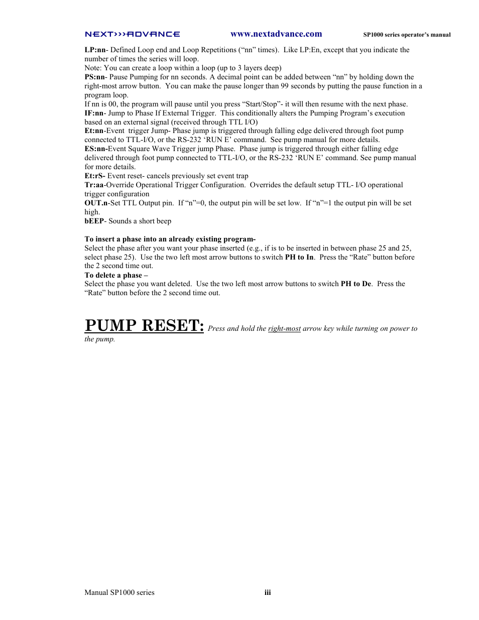 Pump reset | Next Advance SP1070-M User Manual | Page 4 / 60