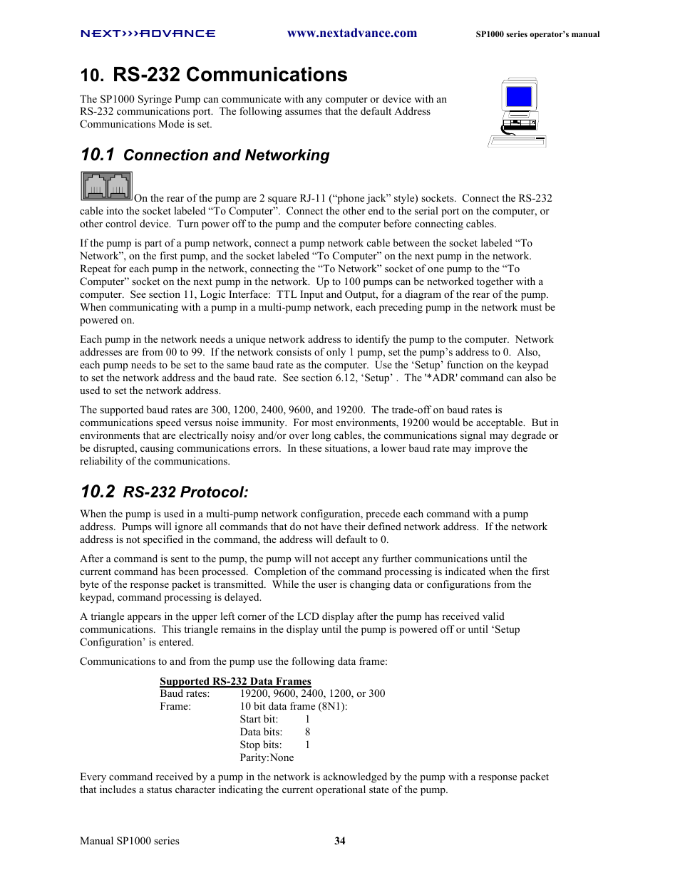 Rs-232 communications, Connection and networking, Rs-232 protocol | Next Advance SP1070-M User Manual | Page 41 / 60
