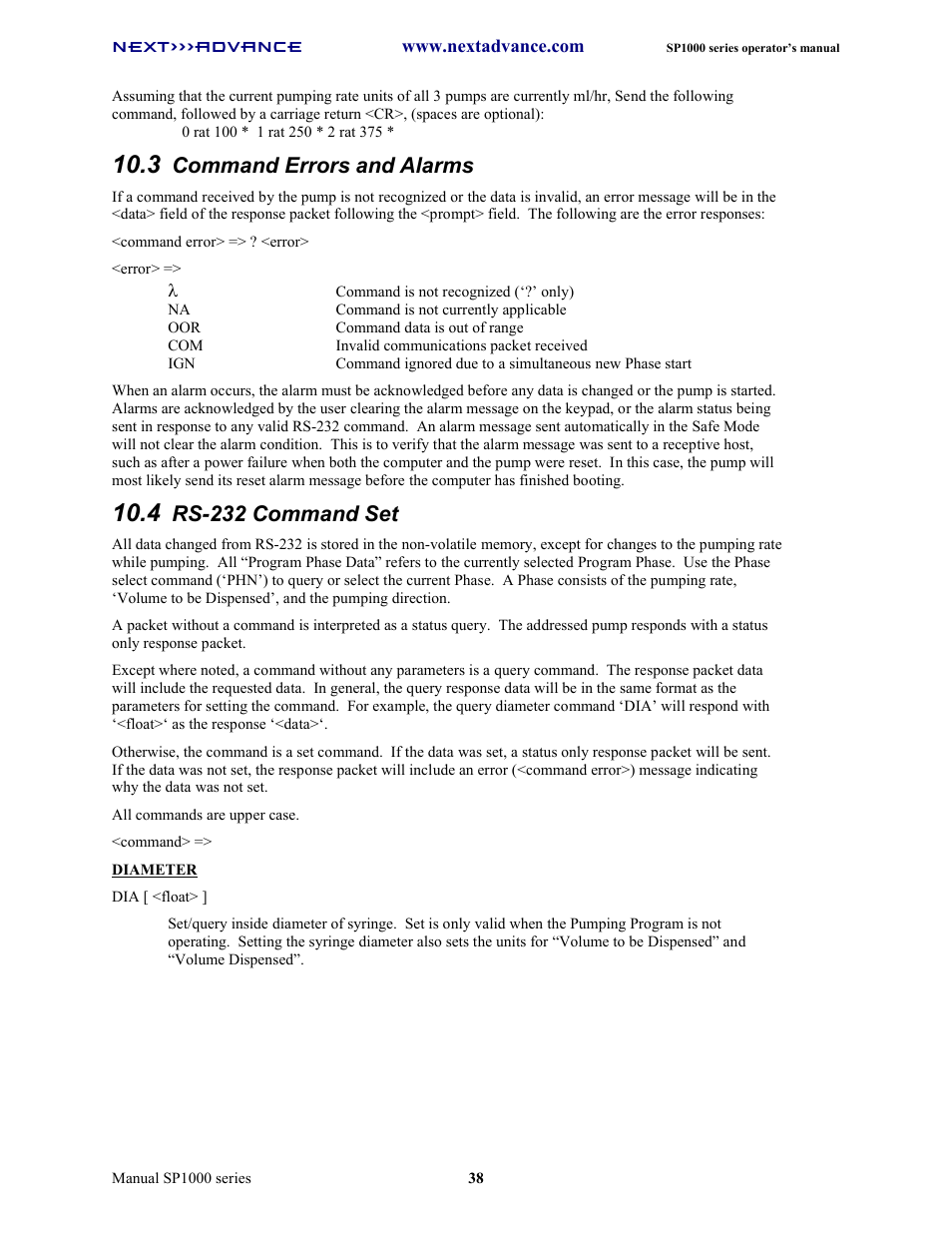 Command errors and alarms, Rs-232 command set | Next Advance SP1070-M User Manual | Page 45 / 60