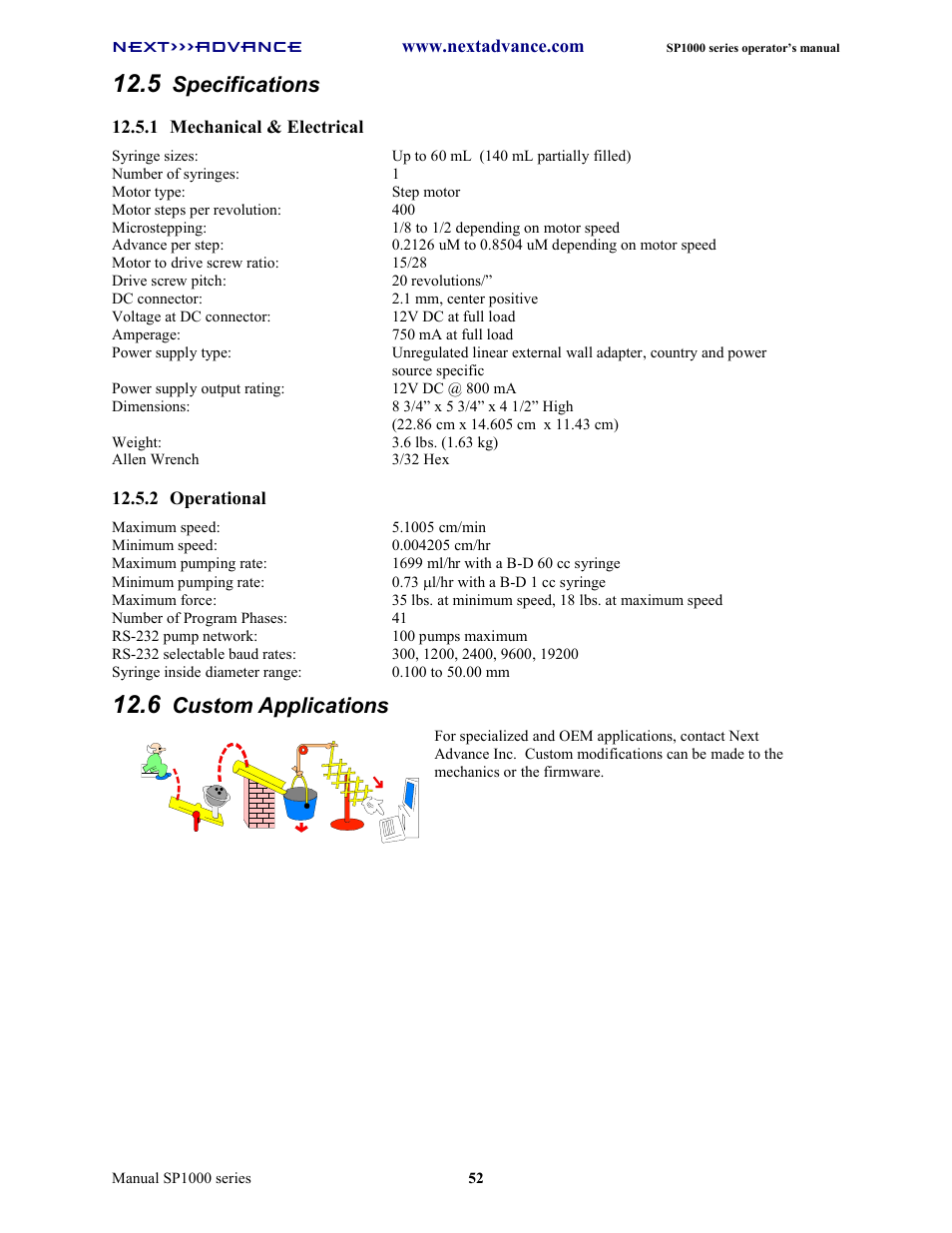Specifications, Custom applications | Next Advance SP1070-M User Manual | Page 59 / 60