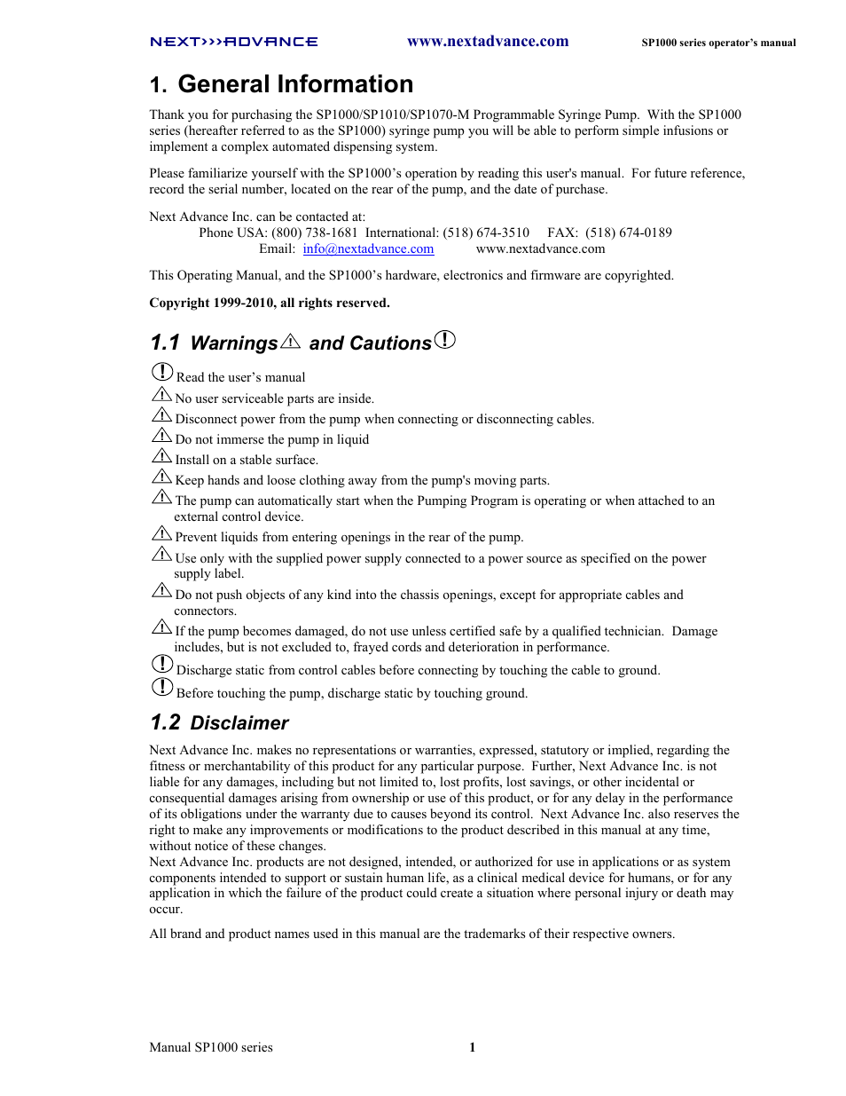 General information, Warnings, And cautions | Disclaimer | Next Advance SP1070-M User Manual | Page 8 / 60