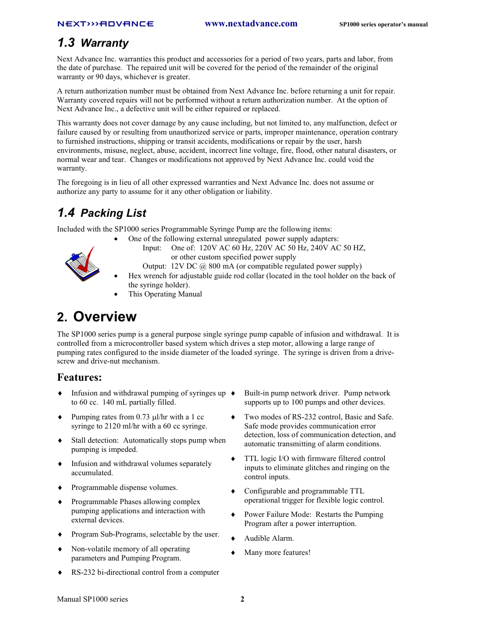 Overview, Warranty, Packing list | Features | Next Advance SP1070-M User Manual | Page 9 / 60