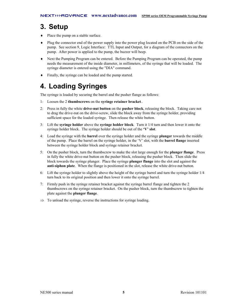 Setup, Loading syringes | Next Advance SP570-M User Manual | Page 10 / 44