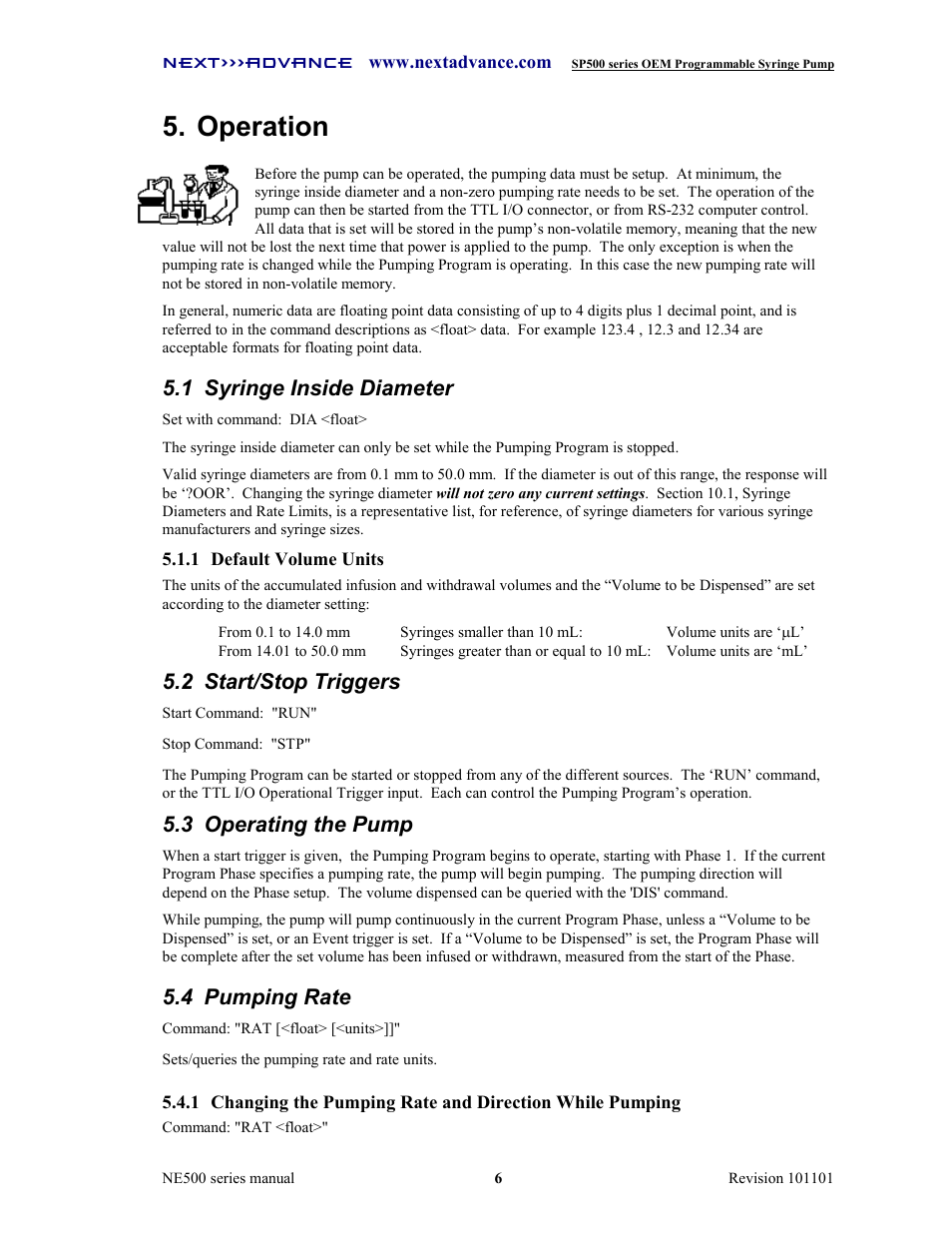 Operation, 1 syringe inside diameter, 2 start/stop triggers | 3 operating the pump, 4 pumping rate | Next Advance SP570-M User Manual | Page 11 / 44
