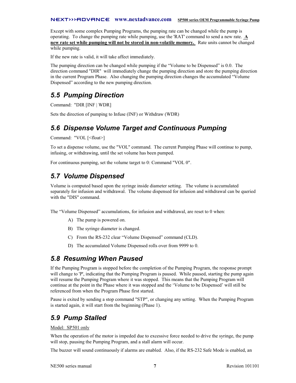 5 pumping direction, 6 dispense volume target and continuous pumping, 7 volume dispensed | 8 resuming when paused, 9 pump stalled | Next Advance SP570-M User Manual | Page 12 / 44