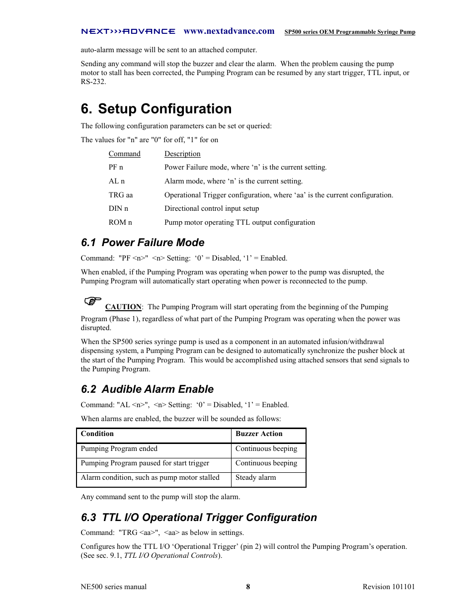 Setup configuration, 1 power failure mode, 2 audible alarm enable | 3 ttl i/o operational trigger configuration | Next Advance SP570-M User Manual | Page 13 / 44