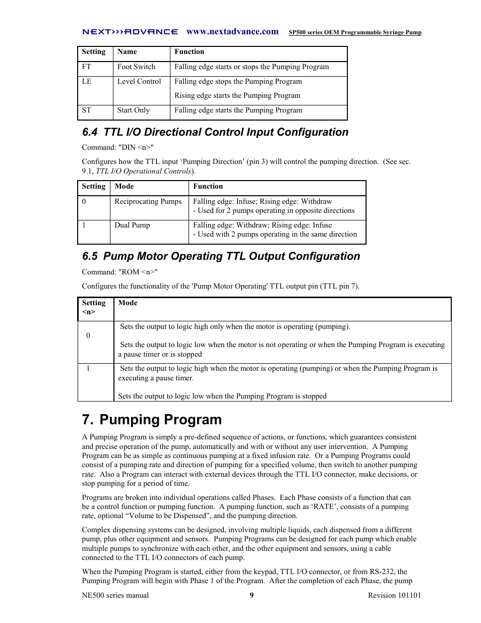 Pumping program, 4 ttl i/o directional control input configuration, 5 pump motor operating ttl output configuration | Next Advance SP570-M User Manual | Page 14 / 44