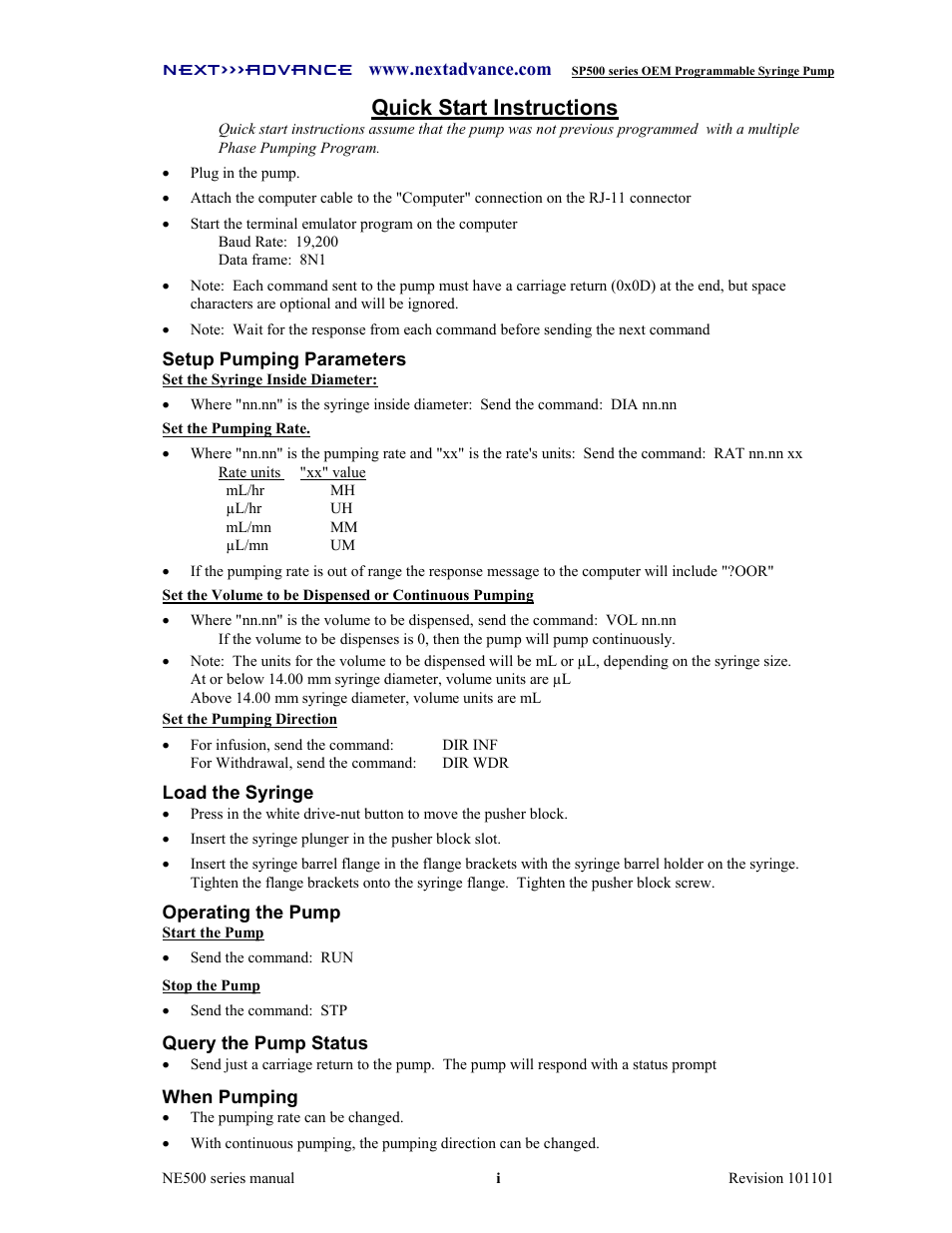 Quick start instructions | Next Advance SP570-M User Manual | Page 2 / 44