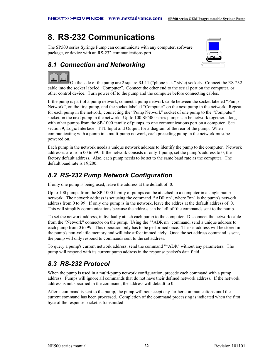 Rs-232 communications, 1 connection and networking, 2 rs-232 pump network configuration | 3 rs-232 protocol | Next Advance SP570-M User Manual | Page 27 / 44