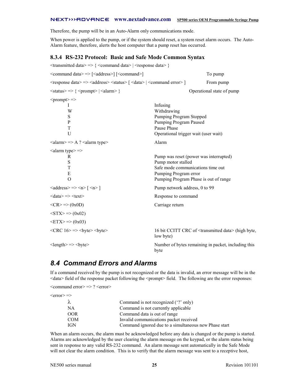 4 command errors and alarms | Next Advance SP570-M User Manual | Page 30 / 44