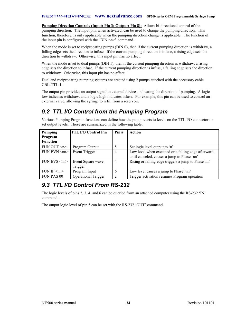 2 ttl i/o control from the pumping program, 3 ttl i/o control from rs-232 | Next Advance SP570-M User Manual | Page 39 / 44