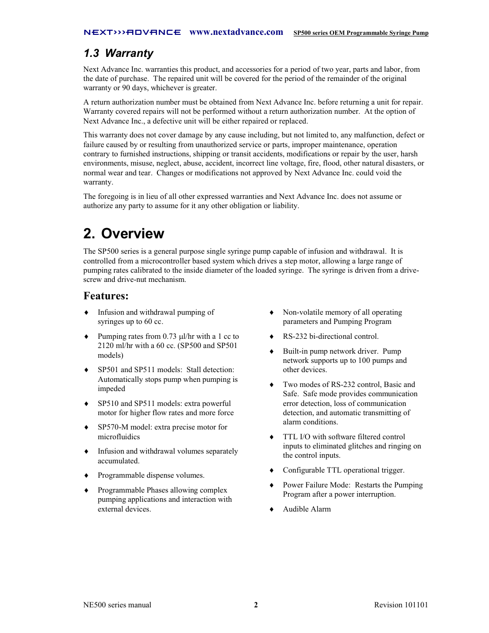 Overview, 3 warranty, Features | Next Advance SP570-M User Manual | Page 7 / 44