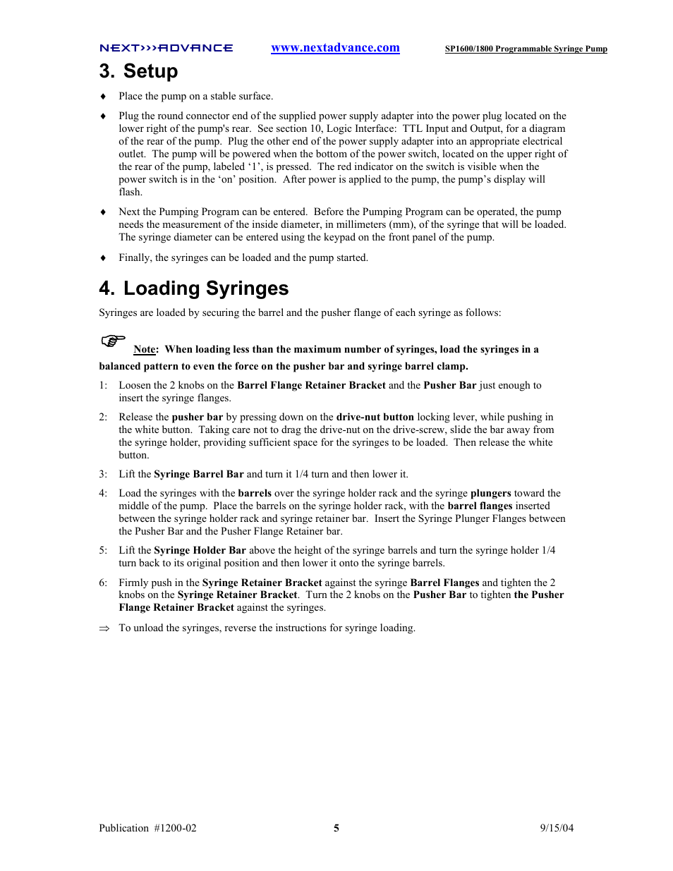 Setup, Loading syringes | Next Advance SP1800 User Manual | Page 10 / 57