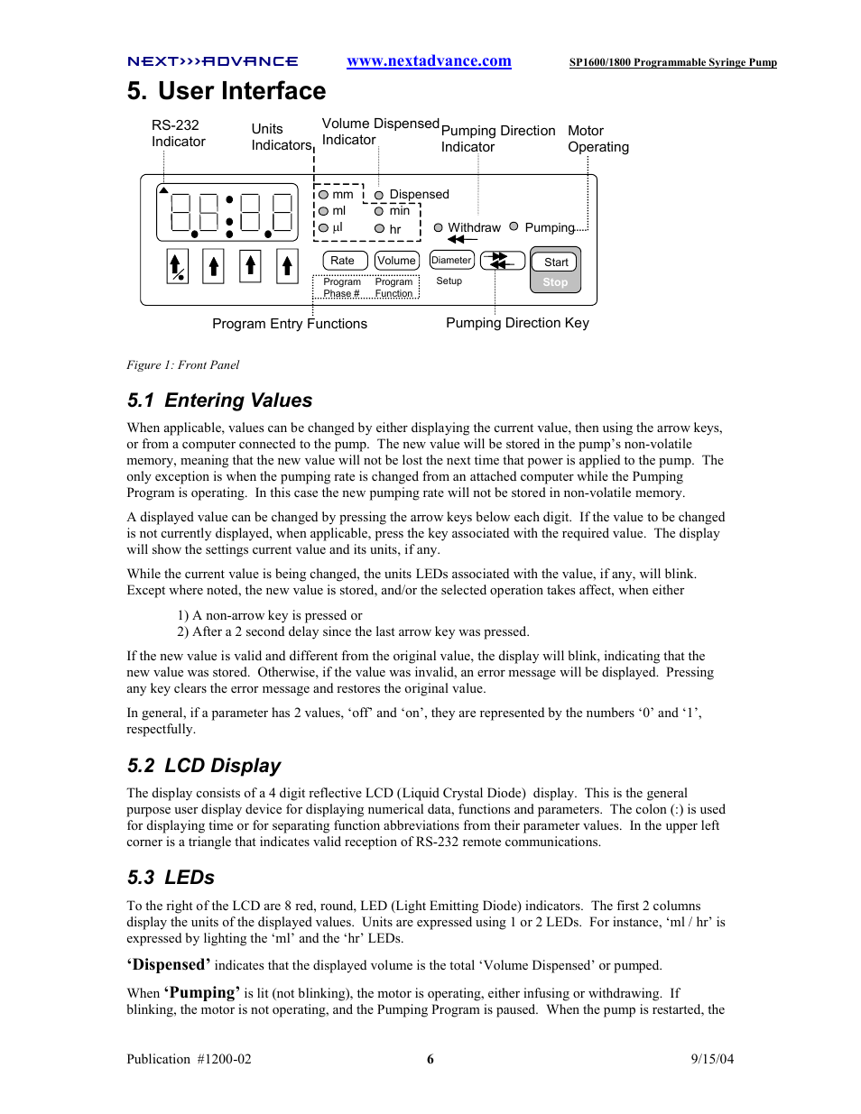 User interface, 1 entering values, 2 lcd display | 3 leds | Next Advance SP1800 User Manual | Page 11 / 57