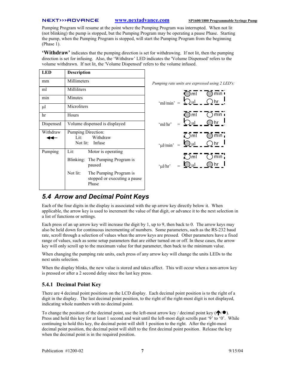 4 arrow and decimal point keys | Next Advance SP1800 User Manual | Page 12 / 57