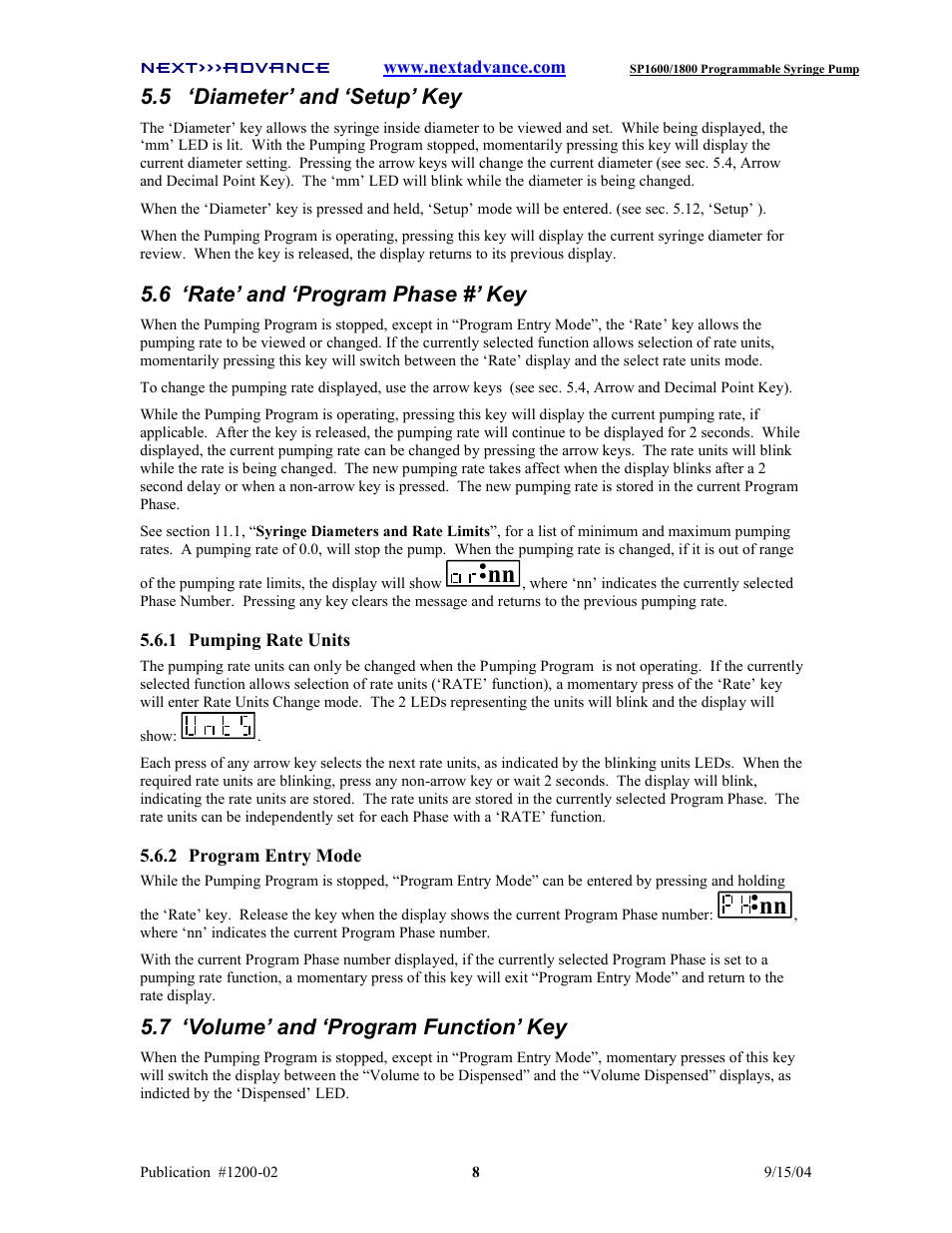 5 ‘diameter’ and ‘setup’ key, 6 ‘rate’ and ‘program phase #’ key, 7 ‘volume’ and ‘program function’ key | Next Advance SP1800 User Manual | Page 13 / 57