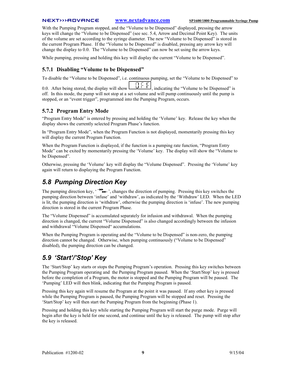 8 pumping direction key, 9 ‘start’/’stop’ key | Next Advance SP1800 User Manual | Page 14 / 57