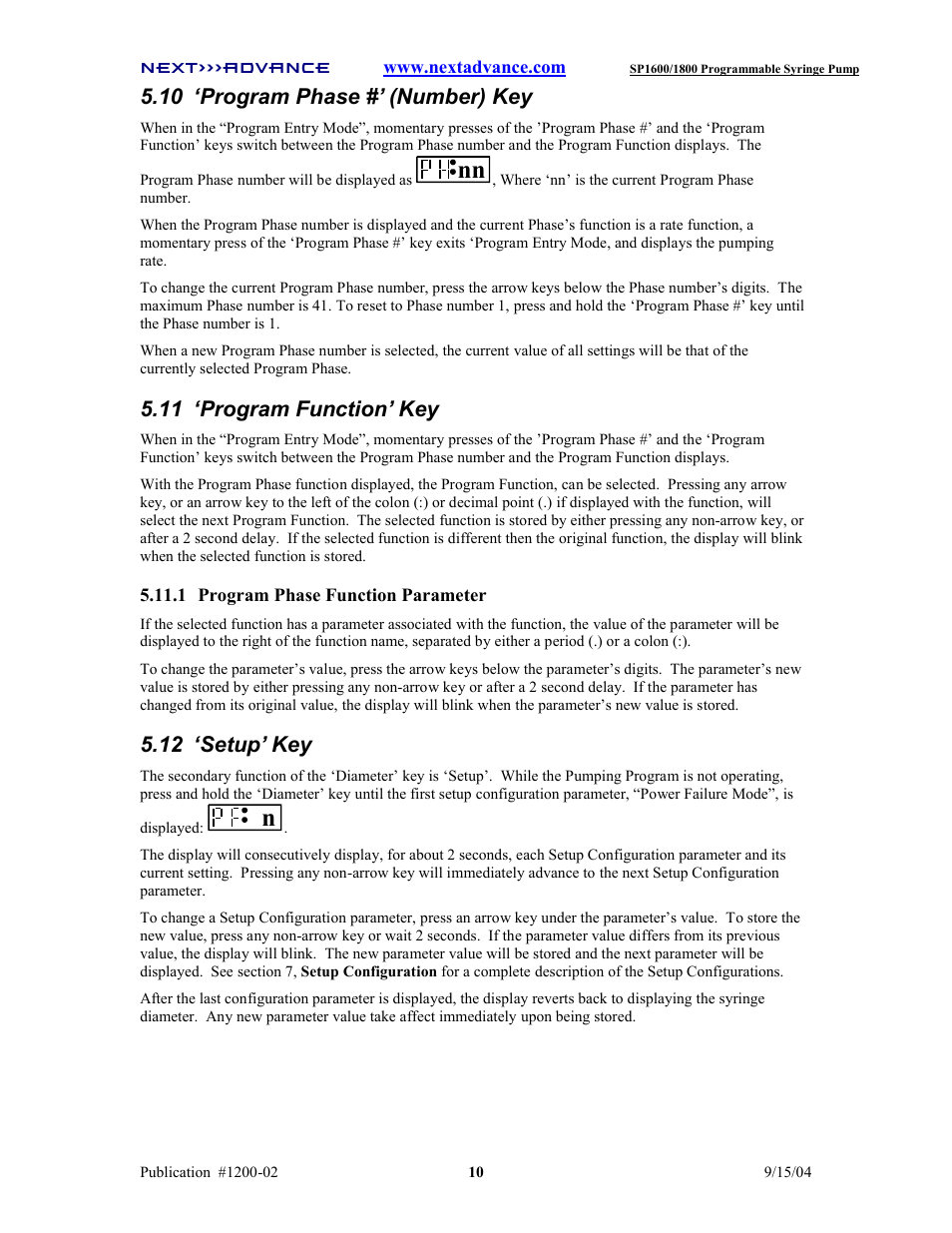 10 ‘program phase #’ (number) key, 11 ‘program function’ key, 12 ‘setup’ key | Next Advance SP1800 User Manual | Page 15 / 57