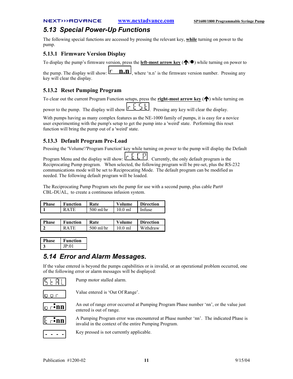 13 special power-up functions, 14 error and alarm messages | Next Advance SP1800 User Manual | Page 16 / 57