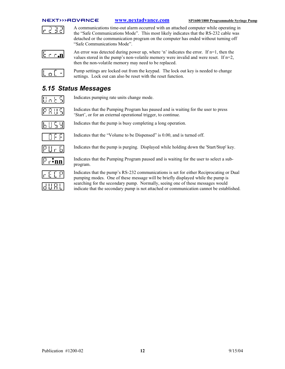 15 status messages | Next Advance SP1800 User Manual | Page 17 / 57